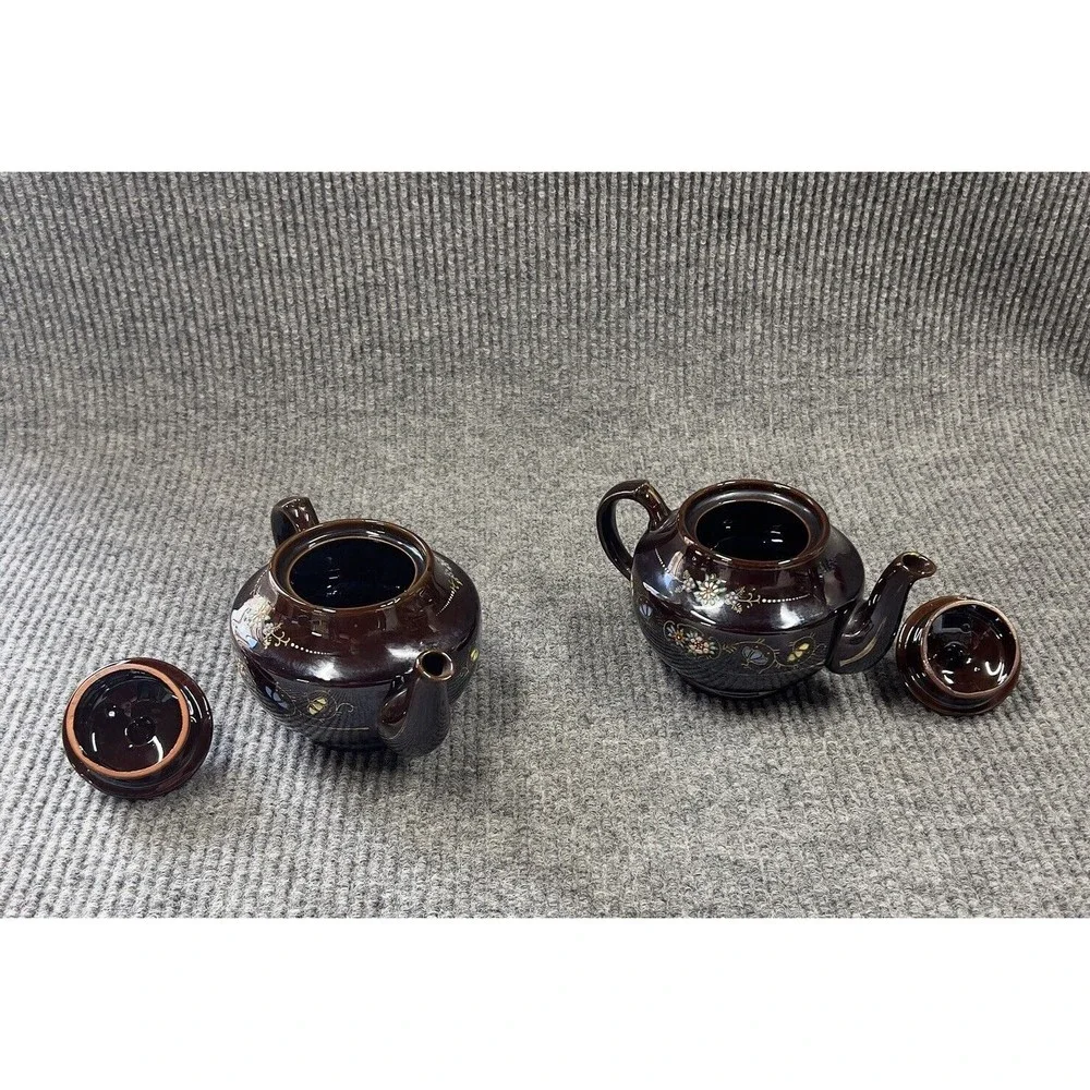 Redware Teapots Dark Brown HandPainted  Moriage Enamel Floral Japan Set Of 2 VTG